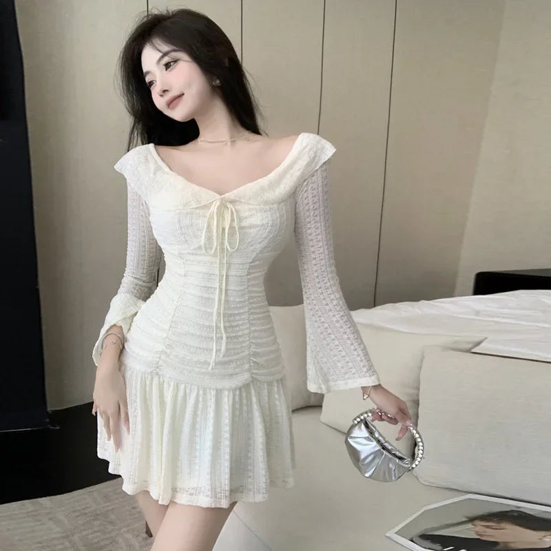 nvxiot  -   Autumn New Off Shoulder Beige Dress Ruched High Waist Slim Mini Dress Flare Sleeve Sexy Halter Lace Long Sleeve Dress