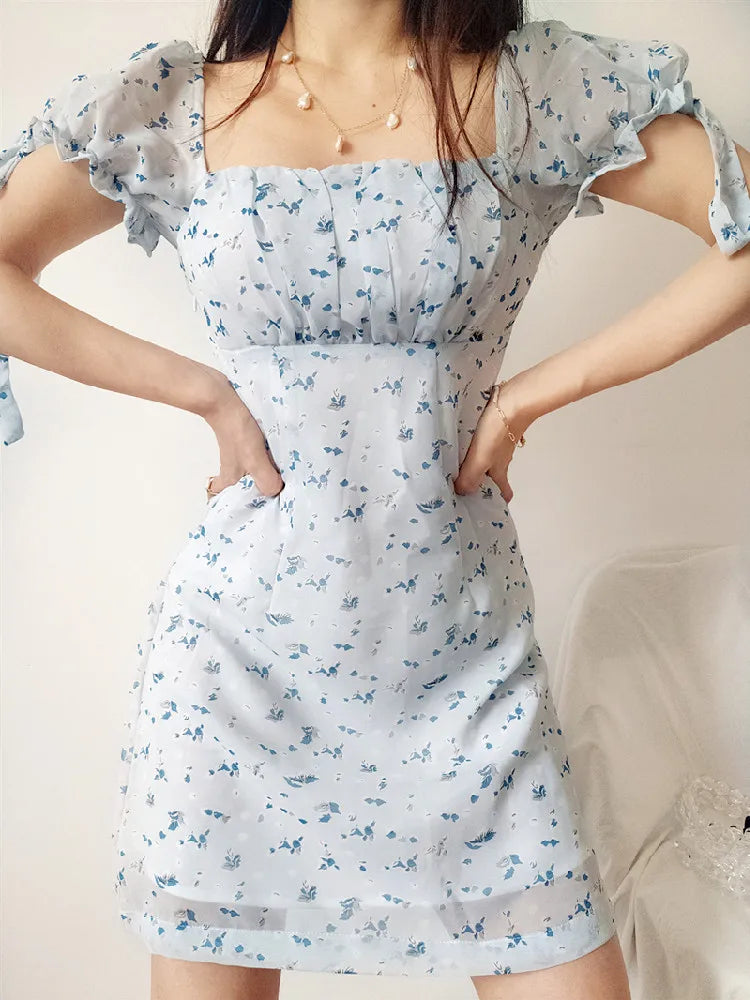 TAVIMART  -  Retro France Style Ruched Square Collar Puff Sleeve Blue Flower Print Dress Slim Waist A line Elegant Women Robe