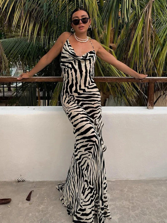 TAVIMART  -  Fashion Zebra Print Maxi Dress Sexy Backless Split Beach Dress Women Summer Elegant Sleeveless Club Party Vacation Outfits