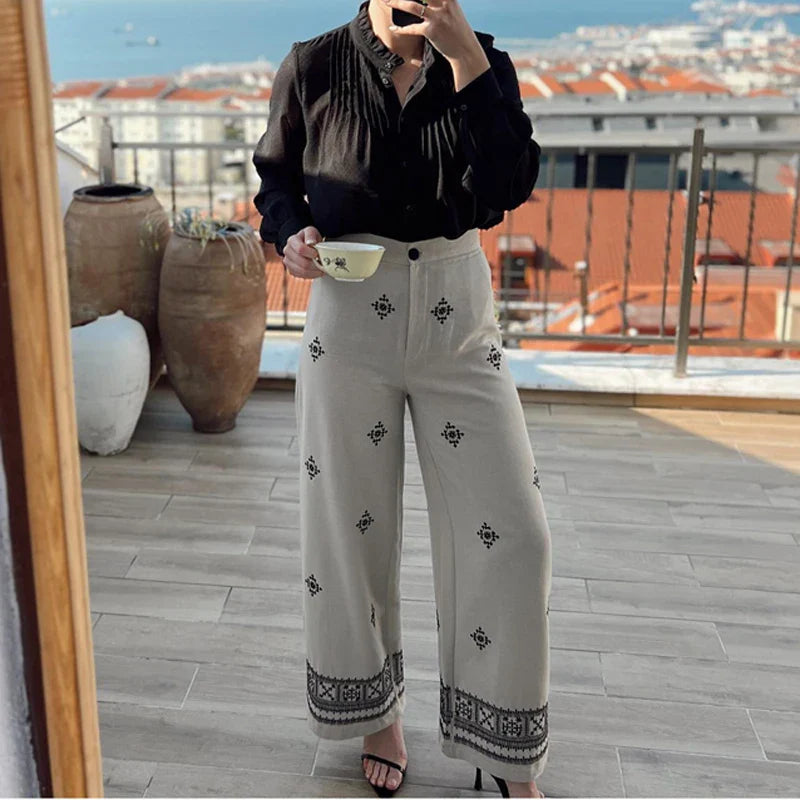 vzyzv  -  Vintage Ethnic Floral Embroidery Wide Leg Pants for Women Casual High Waist Linen Cotton Pant Summer Boho Beach Trousers