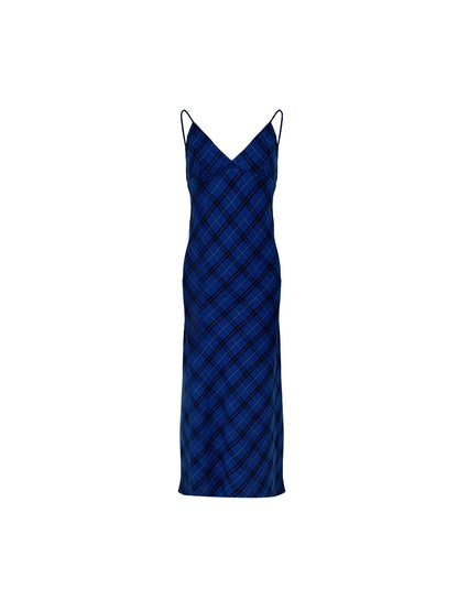 nvxiot  -  French 2024 New Sexy V-neck Blue Plaid Slim Dress for Women