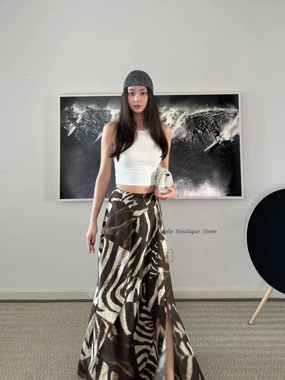 vzyzv  -  Bohemian Vacation Versatile Zebra Asymmetric Print Long Skirt With Slit A-lineretro Streetwear Women Summer Skirt 2024 New