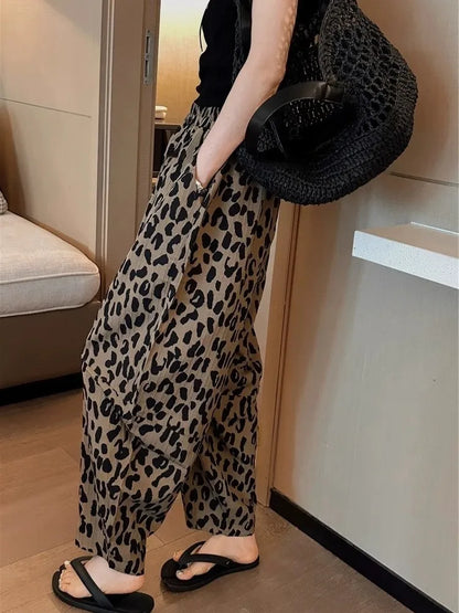 nvxiot  -  Leopard Print Wide Leg Cropped Pants For Women'S Summer Chiffon Loose Elastic Waist Thin Casual Harlan Pants