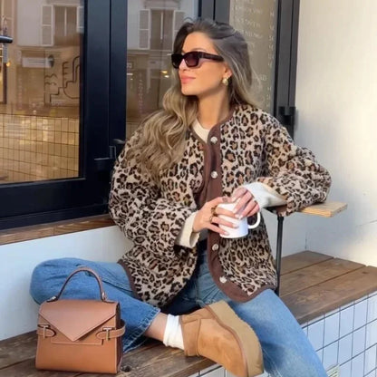 vzyzv  -  Vintage Leopard Print Single Breasted Jacket Women Elegant O Neck Long Sleeves Pocket Coat New Fashion Lady Warm Outerwear