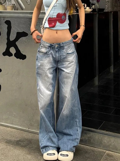 vzyzv  -  Fashion Street Blue Washed Low Rise Straight Jeans Women Summer Retro New Loose Korean Street Casual Wide Leg Jeans