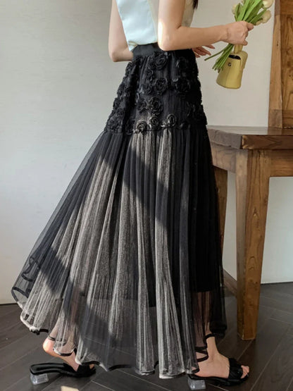 vzyzv -  Midi Long Skirt Women Mesh Skirt 2024 Goth Sweet Spring Summer High Waisted  A-Line Solid Floral Pleated Skirts rok