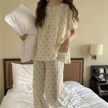 vzyzv -  High Quality Floral Print Short Sleeve Sleepwear Patchwork Lace Summer Pajama Set  Soft Cotton Pants Nightwear S505