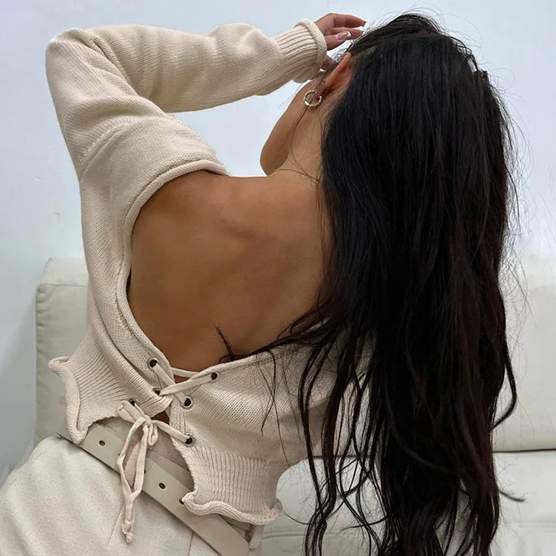 vzyzv  -  Knitted Backless Lacing Crop Sweater Women Solid Spliced Off Shoulder Long Sleeve Slim Versatile Pullover Top Streetwear