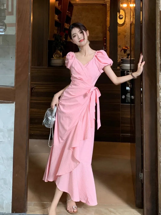 vzyzv  -  Summer New Lace-up Slim Women Ruffles Long Dress Sweet Elegant Fairy Party Dress Korean Pink White Puff Sleeve Dress Female