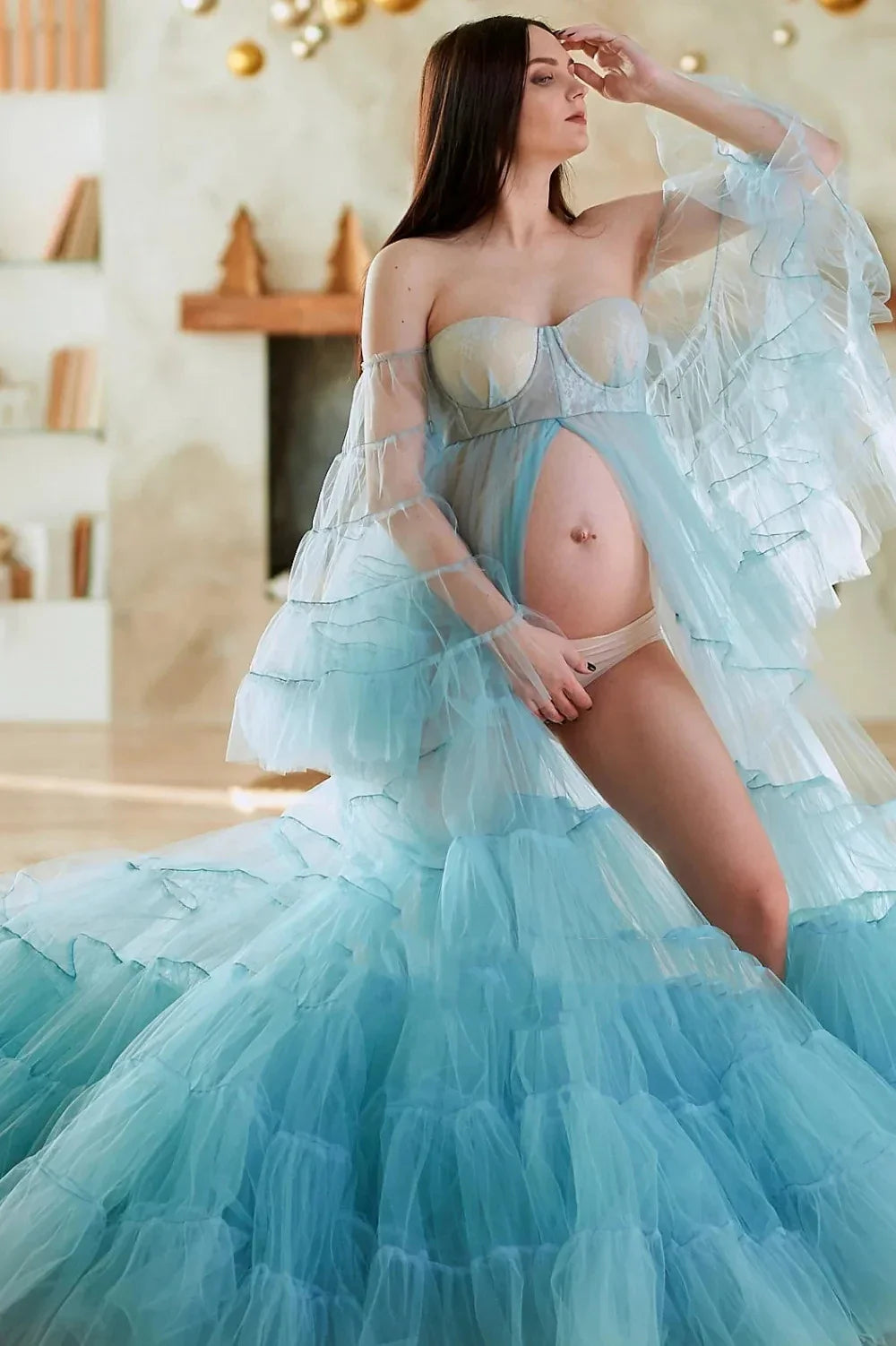 nvxiot  -  Fairy Blue Maternity Dresses Photoshoot Fluffy Tulle Puff Sleeves Elegant Maternity Dress for Pregnant Woman Babyshower Gowns