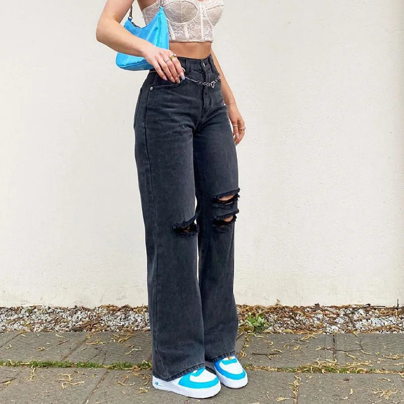 vzyzv  -  Women Wide Leg Ripped Jeans Lady Vintage Black Y2K Punk High Waist Denim Pants Lady Streetwear Fashion Long Skater Trousers