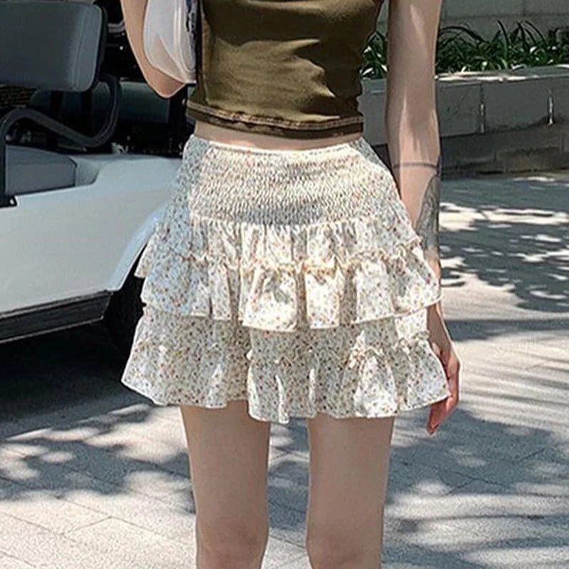 vzyzv -  High Waist Ruffled Mini Dress For Women Floral Skirt Frill Splice Summer Fashion Top And Skirt Two Styles Sweet Skirts