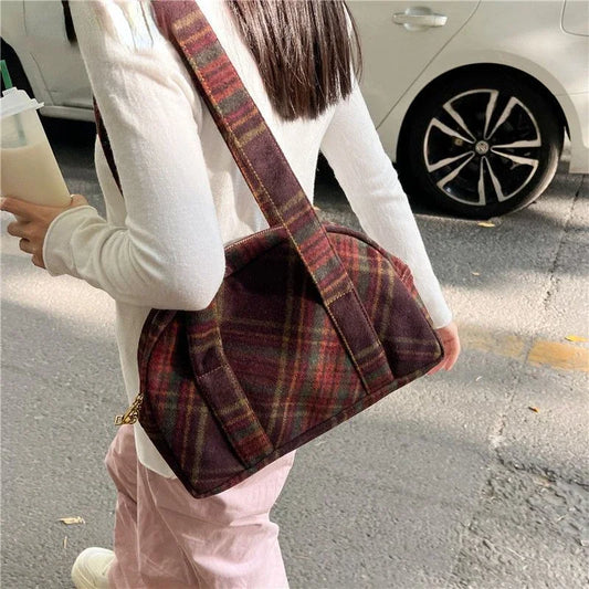 vzyzv  -  New Vintage Woolen Plaid Tote Bags Casual Handbag Korean All-match Design Fashion Women Shoulder Bag