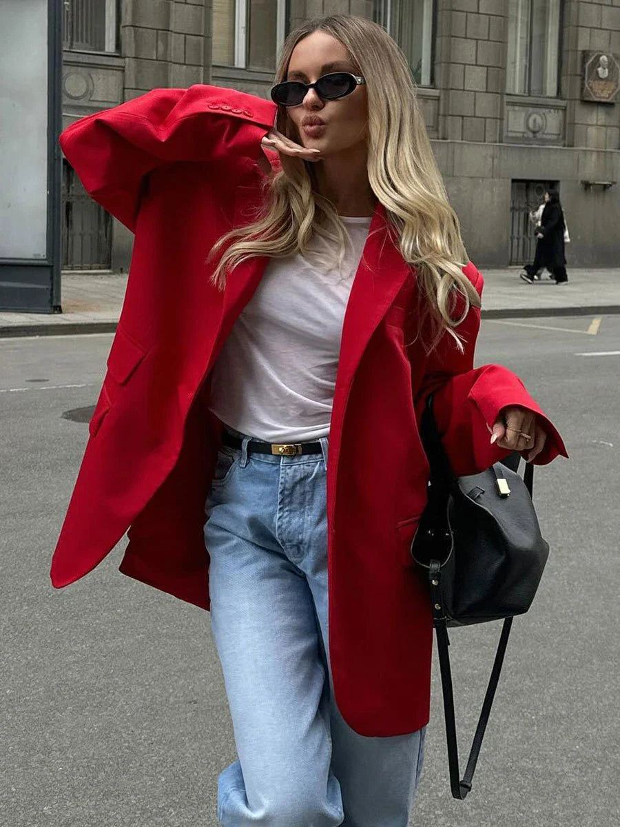 vzyzv  -  Autumn Red Fashion Blazer Women 2024 New Single Breasted Long Sleeve Pockets Outerwear Streetwear Fashion Casual Jackets Female