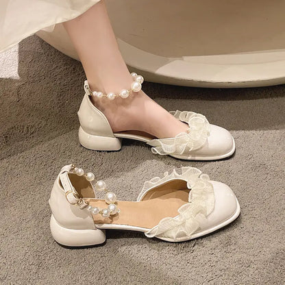 vzyzv -  Thick Heel Sandals Women's Summer New Pearl Button Soft Mary Jane Evening Style Single Shoe Women leather shoe 5cm red