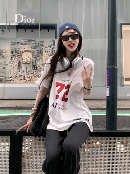 vzyzv  -  Hip Hop Oversized Sports Number Tee Basketball Jersey Women Short Sleeve V Neck T-shirts Cotton American Retro Clothes