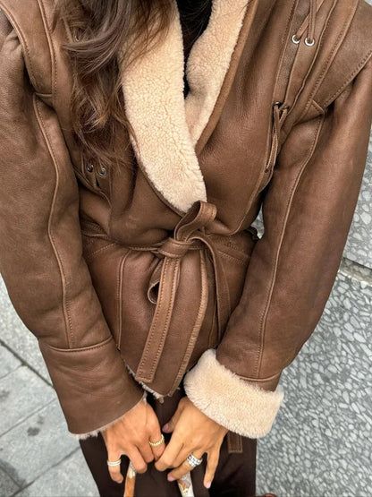 vzyzv  -  Fashion Warm Furry Leather Woman Jacket With Belt Chic Lapel Long Sleeve Motorcycle Coat Lady 2024 Winter High Street Outerwear