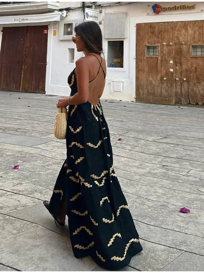 vzyzv  -  Sexy Backless Women Print Halter Maxi Dress Fashion Deep V-neck High Waist Split Dresses Summer Lady Loose High Street Robe