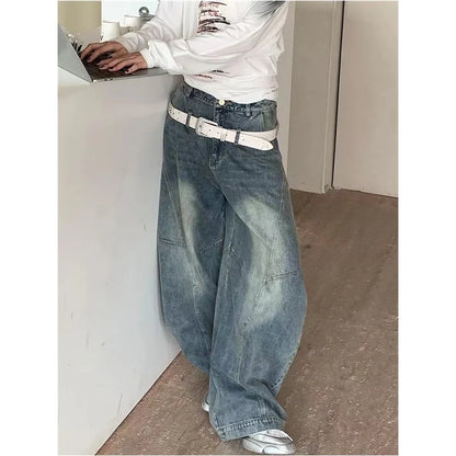 vzyzv  -  Blue Womens Jeans High Waist Vintage Straight LOOSE Denim Pants Streetwear American Large Size Fashion Wide Leg Denim Trouser