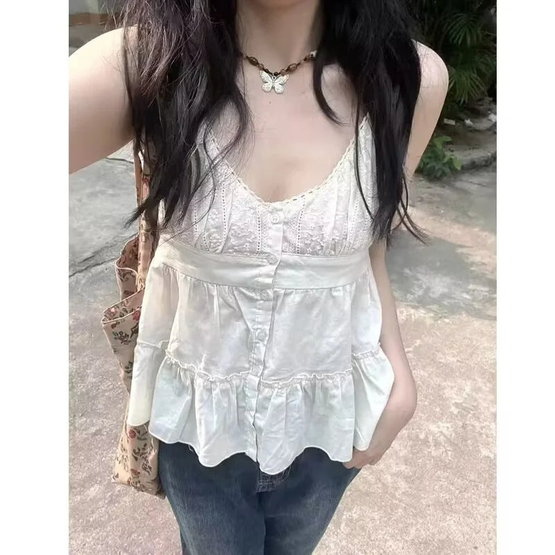 vzyzv  -  Sweet Women Beige Tops  Summer Ladies Lace Sleeveless Camis Female Hollow Out Button Casual Loose Fold Cute Shirt