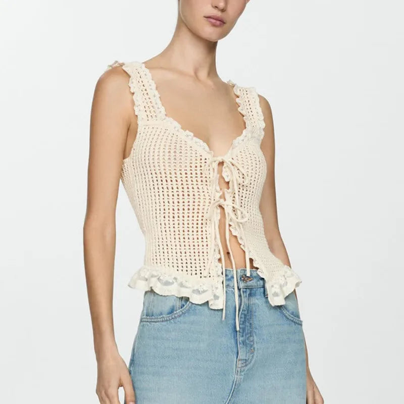 vzyzv  -  Women Y2k Crochet Knit Vest Top Button Down Tie Front Tops Crochet Sweater Vest V Neck Sleeveless Crop Top Streetwear