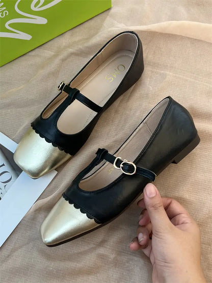 vzyzv  -  T-strap Mary Janes Shoes for Women Pu Leather Ptachwork Elegant Flats Shoes Spring Autumn Square Toe Loafers Female Shoes