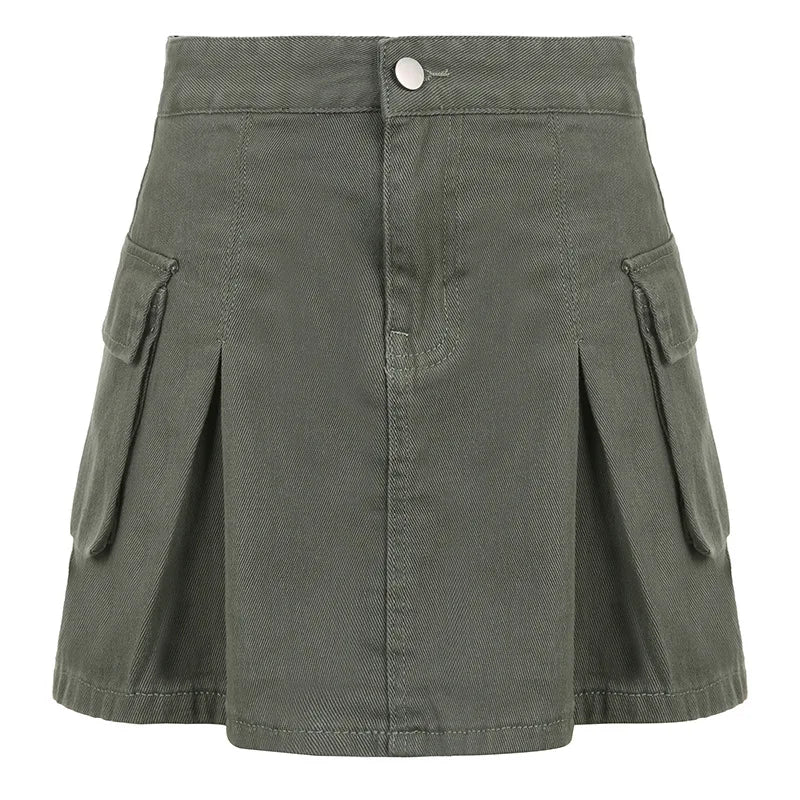 vzyzv -  Pockets High Waist Pleated Y2K Cargo Denim Short Skirts A Line Women Casual Half Skirt Summer  women clothing American Solid