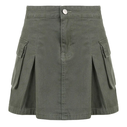 vzyzv -  Pockets High Waist Pleated Y2K Cargo Denim Short Skirts A Line Women Casual Half Skirt Summer  women clothing American Solid