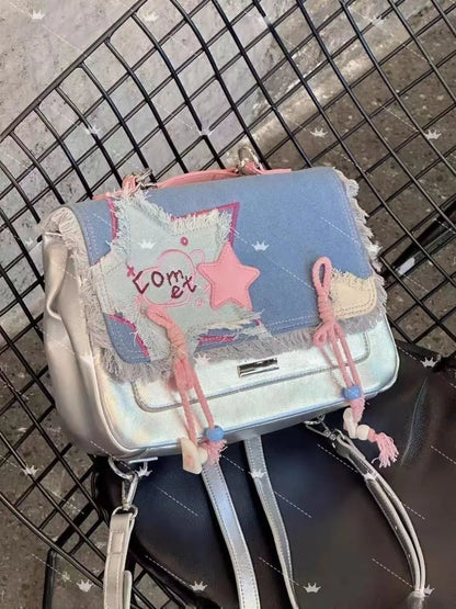 vzyzv  -  Star Patchwork Silver Backpack Korean Y2k Denim Sweet Girl Itabag Preppy Student Messenger Bag Trendy Hottie Shoulder Bag