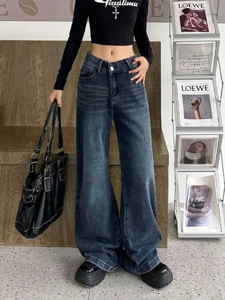 vzyzv  -  Vintage Blue Jeans Women Streetwear Casual Baggy Pants Wide Leg Korean Fashion Basic Denim Trousers High Street