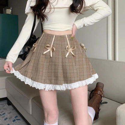 vzyzv  -  Pleated Skirt Plaid Bow High Waist American Korean Style Niche Sweet And Cool Skirt Lace Splicing A-Line Short Skirt For Women