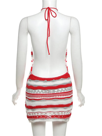 vzyzv -  Summer Red Striped Halter Bodycon Knit Dress Beach Holiday For Women 2024 Backless Bandage Hollow Out Sexy Mini Dresses