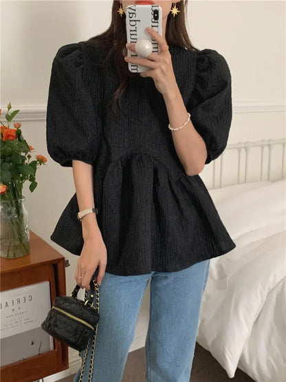 nvxiot  -   Korean Puff Sleeves Solid Color Folds Temperament Commute Loose Blouse O-Neck Casual Lace Womens Tops Camisas De Mujer