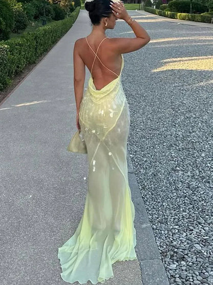 vzyzv  -  Sequins Backless Party Long Dress Women Beads Sparkling Spaghetti Strap V-neck Sexy Slim Evening Fishtail Dresses See Through