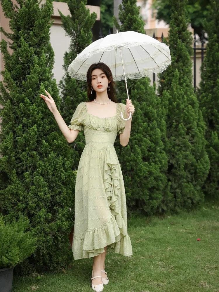 nvxiot  -  French Style Summer Women Green Fairycore Dress Square Collar Solid Sweet Travel Holiday Dress Stylish Ruffles Feminine Dresses