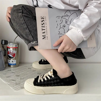 vzyzv  -  Black Autumn Fashion Women's Shoes Trend Cute Chunky Casual Woman Shoe Flat Low Spring Comfortable and Elegant Canvas Hit