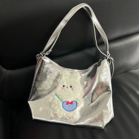 vzyzv  -  Vintage Y2k Womens Tote Bag Cute Bunny Patchwork Silver Fashion Shoulder Bag Pu Leather Large Capacity New Casual Backpack