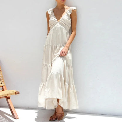 vzyzv  -  Summer Solid Casual Long Dress Women  New V Neck Sleeveless Elegant Beach Holiday Dresses Women Simple Fashion Vestidos Lady