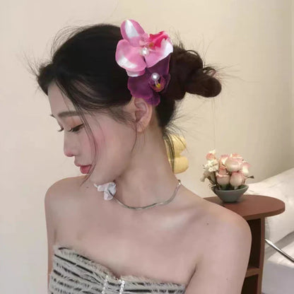 vzyzv  -  Phalaenopsis Flower Hairpin 2024 New Fashion Bohemia Creative Design Cloth Floral Pearl Hair Clip Korean Sweet Female Headdress