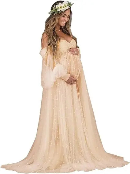 nvxiot  -  Ivory Bridal Pearls Maternity Dress for Photography Long Sleeve Pregnant Photoshoot Robe Photo Shoot Dresses Women Baby Shower