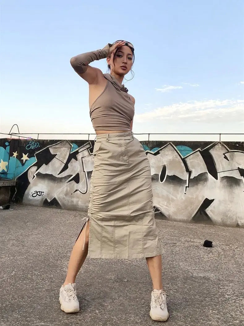 vzyzv  -  High Street Cargo Skirts for Women Summer New Retro Pleated American Spicy Girl High Waist Slim A-line Split Mid Lenght Skirt