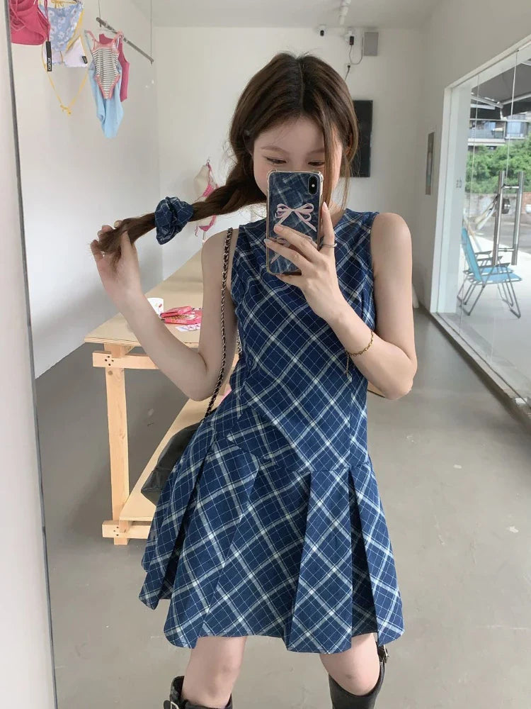 vzyzv  -  Vintage Blue Plaid Sleeveless Dress Low Wasit Mini Pleated Dresses for Women Summer Korean Fashion Retro Slim Clothes