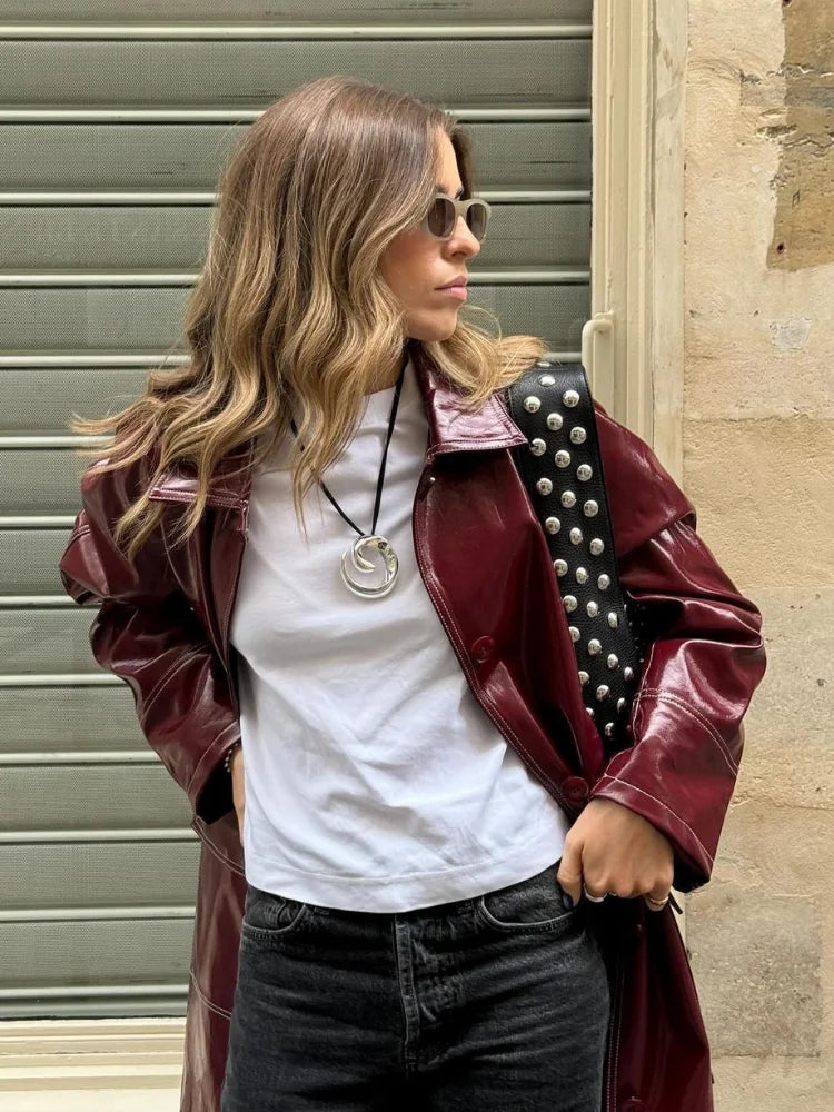 vzyzv  -  Fashion Burgundy Patent Leather Stitch Overcoat Women Buttons Flap Pockets Oversized Windbreaker Chic Lady High Streetwear