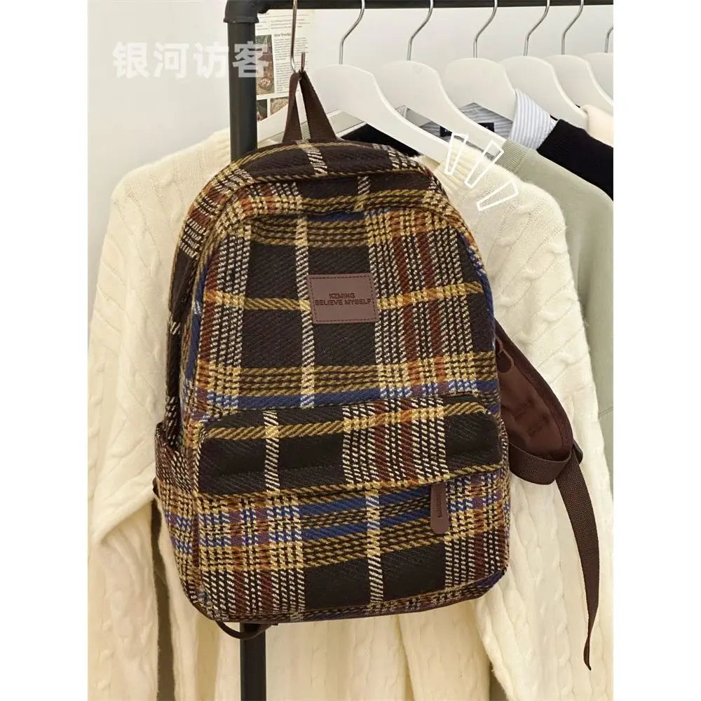 vzyzv  -  Japanese Ins Retro Plaid Bag in Autumn and Winter Female Korean Minority Leisure Joker Backpack Trend of College Students