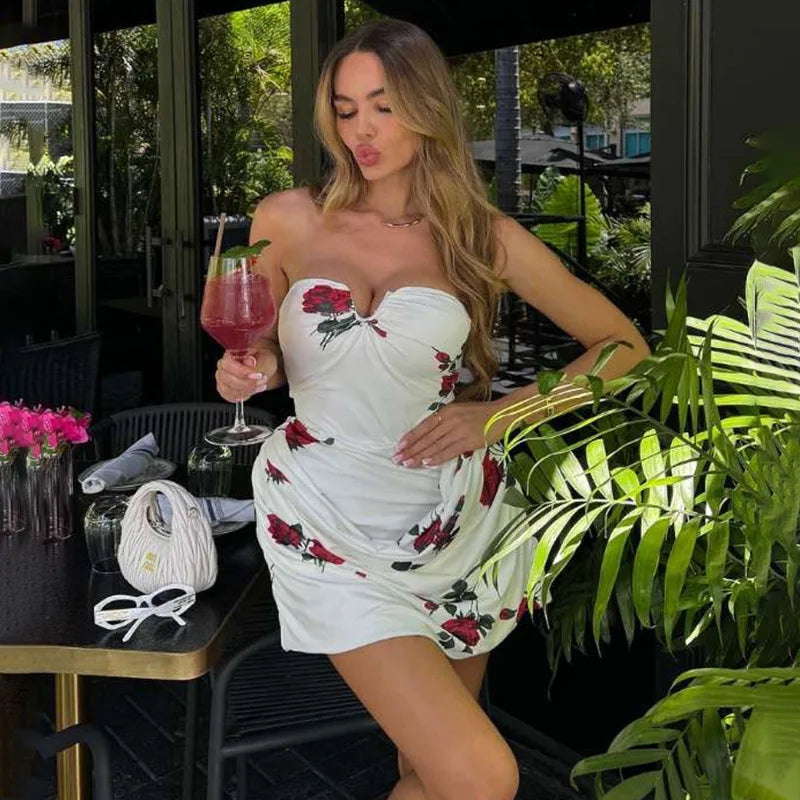 vzyzv  -  Rose Print Strapless Dress Women Summer Sexy Small V-Neck Chic Ruched Vestidos Birthday Club Party Bodycon Robe