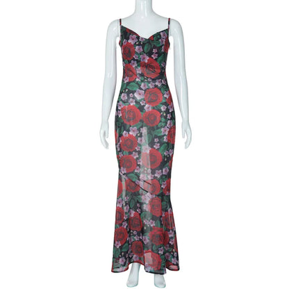 TAVIMART  -  Fashion new sexy dress V-neck temperament slim print halter dress female rose spaghetti strap