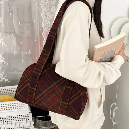 vzyzv  -  New Vintage Woolen Plaid Tote Bags Casual Handbag Korean All-match Design Fashion Women Shoulder Bag