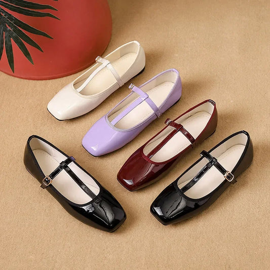 vzyzv  -  Patent Leather T-strap Mary Janes Shoes Women Shiny Glossy Vintage Flats Loafers Female Square Toe Soft Elegant Black Shoes