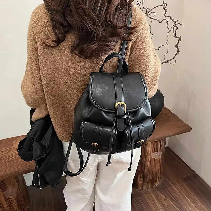 vzyzv  -  New Winter Retro Small Double Pockets PU Leather Backpack Women Fashion Solid College Student Bags Korean Travel Backpacks