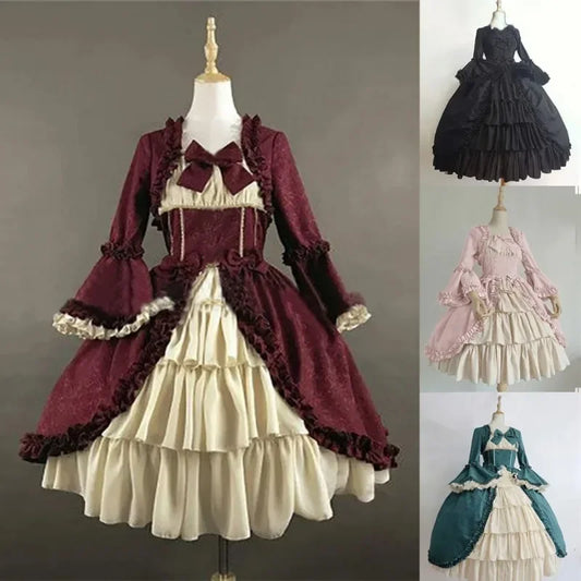 vzyzv  -  Strawberry Lolita Medieval Retro Gothic Court Lolita Dress Square Neck Waist Spliced Bow Dress